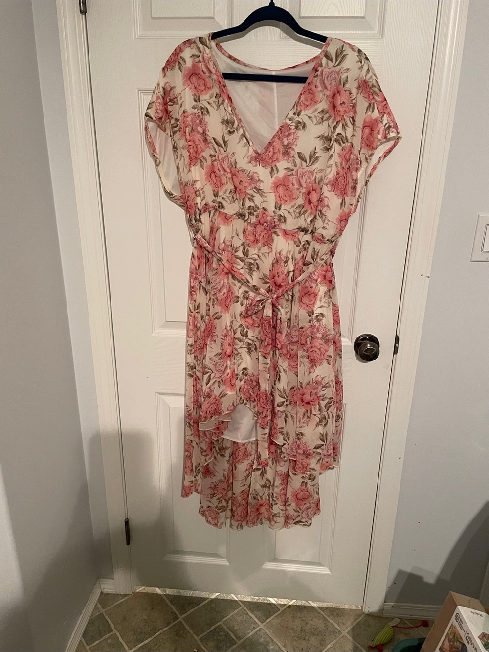 SHEIN Cream Floral High-Low Wrap Dress with Pink Roses